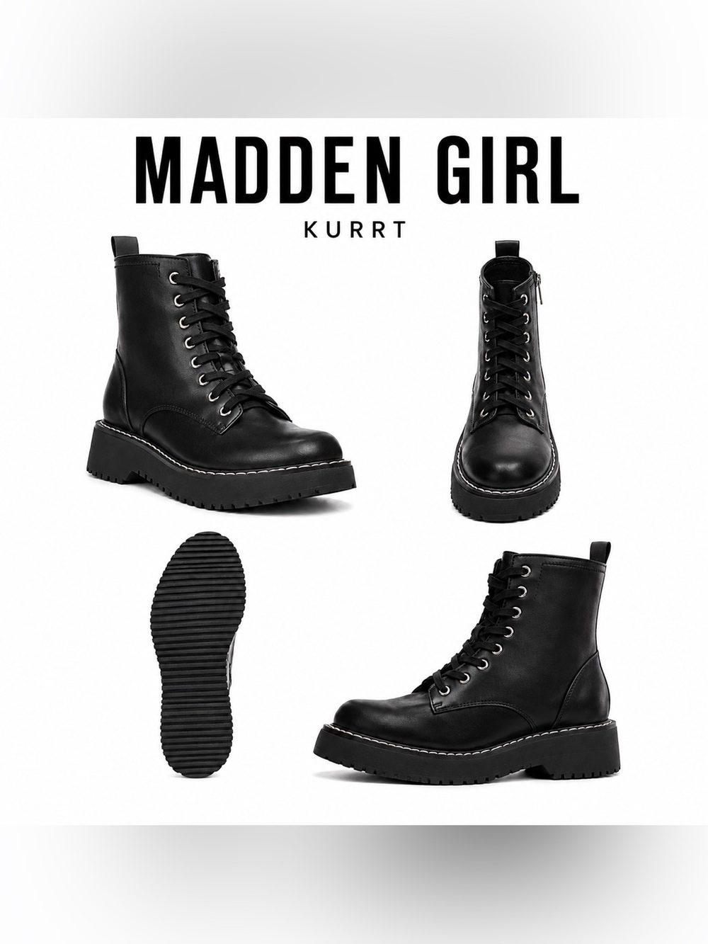STEVE MADDEN “Madden Girl Kurrt” Black Lace-Up, Side Zip, Lug Sole Combat Boots - Picture 3 of 16
